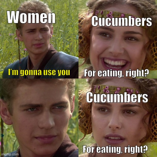 Pretty sure it’s not | Cucumbers; Women; For eating, right? I’m gonna use you; Cucumbers; For eating, right? | image tagged in anakin padme 4 panel,memes,funny,relatable,food,star wars | made w/ Imgflip meme maker
