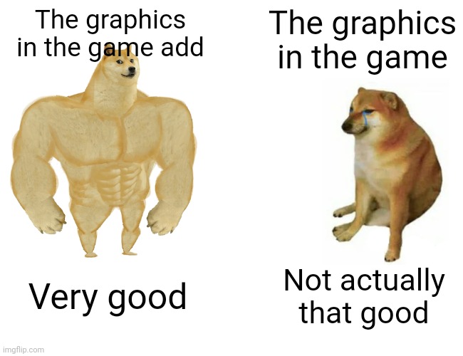 The graphics look much better in the adds... | The graphics in the game add; The graphics in the game; Very good; Not actually that good | image tagged in memes,buff doge vs cheems,video games,graphics,good,bad | made w/ Imgflip meme maker