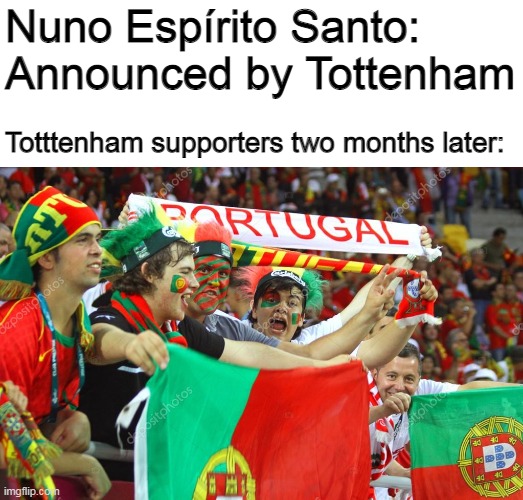 Don't get it? Just look at Wolverhampton roster | Nuno Espírito Santo: Announced by Tottenham; Totttenham supporters two months later: | image tagged in soccer,tottenham,portugal,memes | made w/ Imgflip meme maker