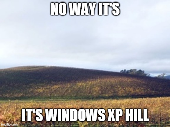 haha yes | NO WAY IT'S; IT'S WINDOWS XP HILL | image tagged in windows xp | made w/ Imgflip meme maker