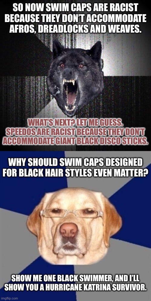 Insanity Wolf and Racist Dog on Soul Caps | SO NOW SWIM CAPS ARE RACIST BECAUSE THEY DON’T ACCOMMODATE AFROS, DREADLOCKS AND WEAVES. WHAT’S NEXT? LET ME GUESS. SPEEDOS ARE RACIST BECAUSE THEY DON’T ACCOMMODATE GIANT BLACK DISCO STICKS. WHY SHOULD SWIM CAPS DESIGNED FOR BLACK HAIR STYLES EVEN MATTER? SHOW ME ONE BLACK SWIMMER, AND I’LL SHOW YOU A HURRICANE KATRINA SURVIVOR. | image tagged in memes,insanity wolf,racist dog,swimming,olympics,black | made w/ Imgflip meme maker