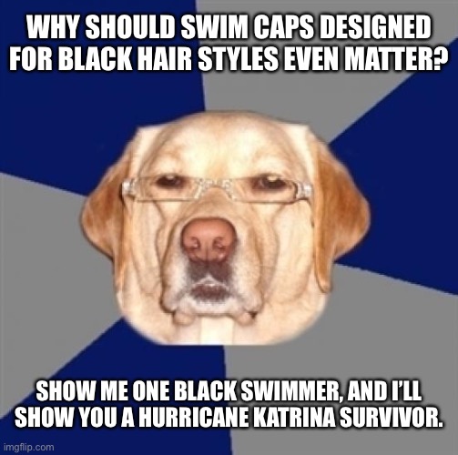Swimming in stereotypes | WHY SHOULD SWIM CAPS DESIGNED FOR BLACK HAIR STYLES EVEN MATTER? SHOW ME ONE BLACK SWIMMER, AND I’LL SHOW YOU A HURRICANE KATRINA SURVIVOR. | image tagged in racist dog,memes,black,swimming,olympics,hurricane katrina | made w/ Imgflip meme maker