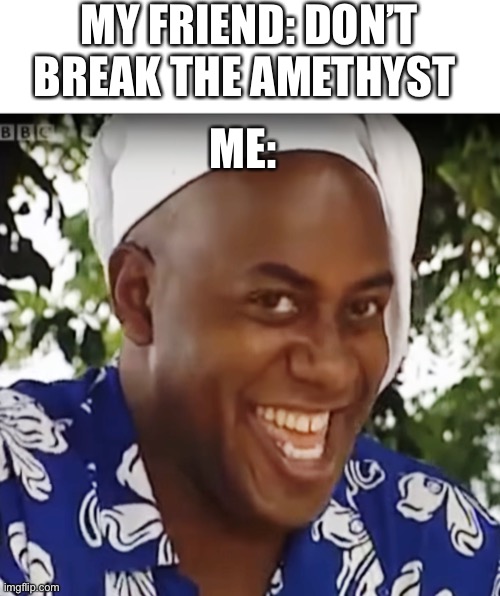 Minecraft amethyst | MY FRIEND: DON’T BREAK THE AMETHYST; ME: | image tagged in blank white template,hehe boi,minecraft,memes | made w/ Imgflip meme maker