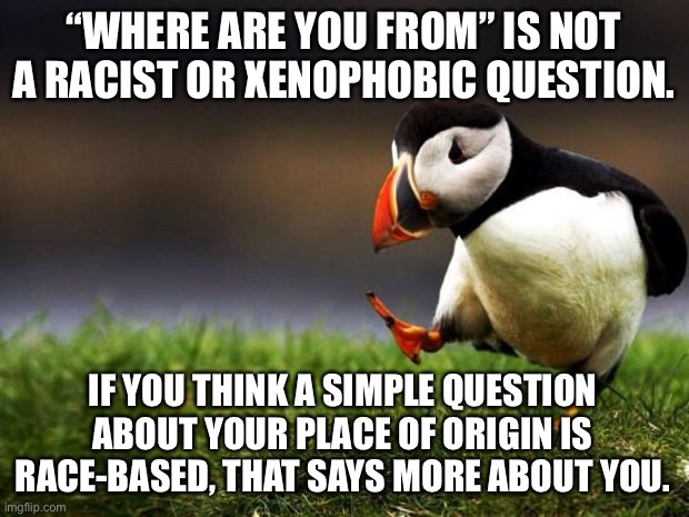 Stop making every question about race | “WHERE ARE YOU FROM” IS NOT A RACIST OR XENOPHOBIC QUESTION. IF YOU THINK A SIMPLE QUESTION ABOUT YOUR PLACE OF ORIGIN IS RACE-BASED, THAT SAYS MORE ABOUT YOU. | image tagged in memes,unpopular opinion puffin,racist,question,xenophobia,deep thought | made w/ Imgflip meme maker