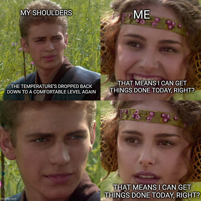 ... at least it's cool enough to exist outside today? | ME; MY SHOULDERS; THE TEMPERATURE'S DROPPED BACK DOWN TO A COMFORTABLE LEVEL AGAIN; THAT MEANS I CAN GET THINGS DONE TODAY, RIGHT? THAT MEANS I CAN GET THINGS DONE TODAY, RIGHT? | image tagged in anakin padme 4 panel,chronic pain | made w/ Imgflip meme maker