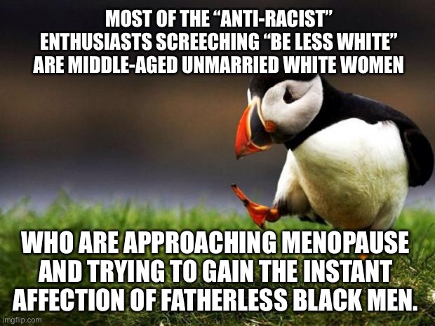 Anti-racists are cougars | MOST OF THE “ANTI-RACIST” ENTHUSIASTS SCREECHING “BE LESS WHITE” ARE MIDDLE-AGED UNMARRIED WHITE WOMEN; WHO ARE APPROACHING MENOPAUSE AND TRYING TO GAIN THE INSTANT AFFECTION OF FATHERLESS BLACK MEN. | image tagged in memes,unpopular opinion puffin,racist,black man,white girl,theory | made w/ Imgflip meme maker