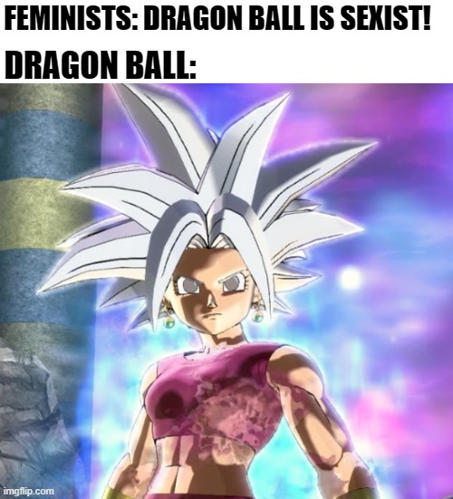 Perfected Ultra Instinct Kefla | FEMINISTS: DRAGON BALL IS SEXIST! DRAGON BALL: | image tagged in perfected ultra instinct kefla,dragon ball,kefla,feminist,xenoverse 2 | made w/ Imgflip meme maker