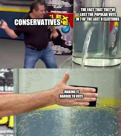 Problem solved | THE FACT THAT THEY'VE LOST THE POPULAR VOTE IN 7 OF THE LAST 8 ELECTIONS; CONSERVATIVES; MAKING IT HARDER TO VOTE | image tagged in flex tape,conservatives,maga | made w/ Imgflip meme maker