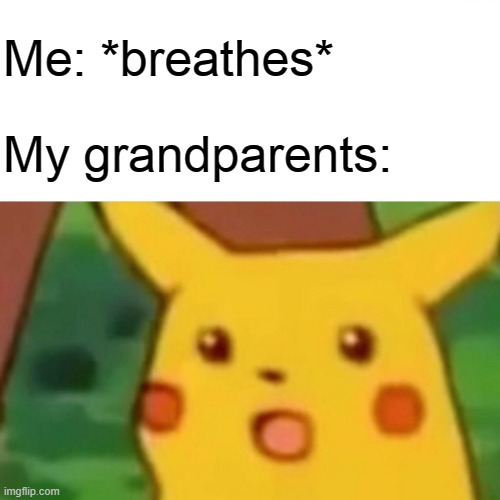 Surprised Pikachu | Me: *breathes*; My grandparents: | image tagged in memes,surprised pikachu,wholesome,wholesome memes,grandparents,oh wow are you actually reading these tags | made w/ Imgflip meme maker
