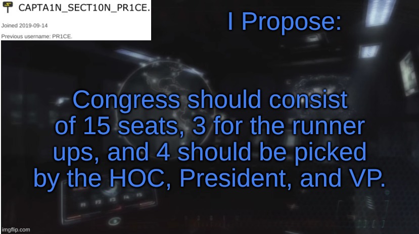 Aye? | I Propose:; Congress should consist of 15 seats, 3 for the runner ups, and 4 should be picked by the HOC, President, and VP. | image tagged in sect10n_pr1ce announcment | made w/ Imgflip meme maker