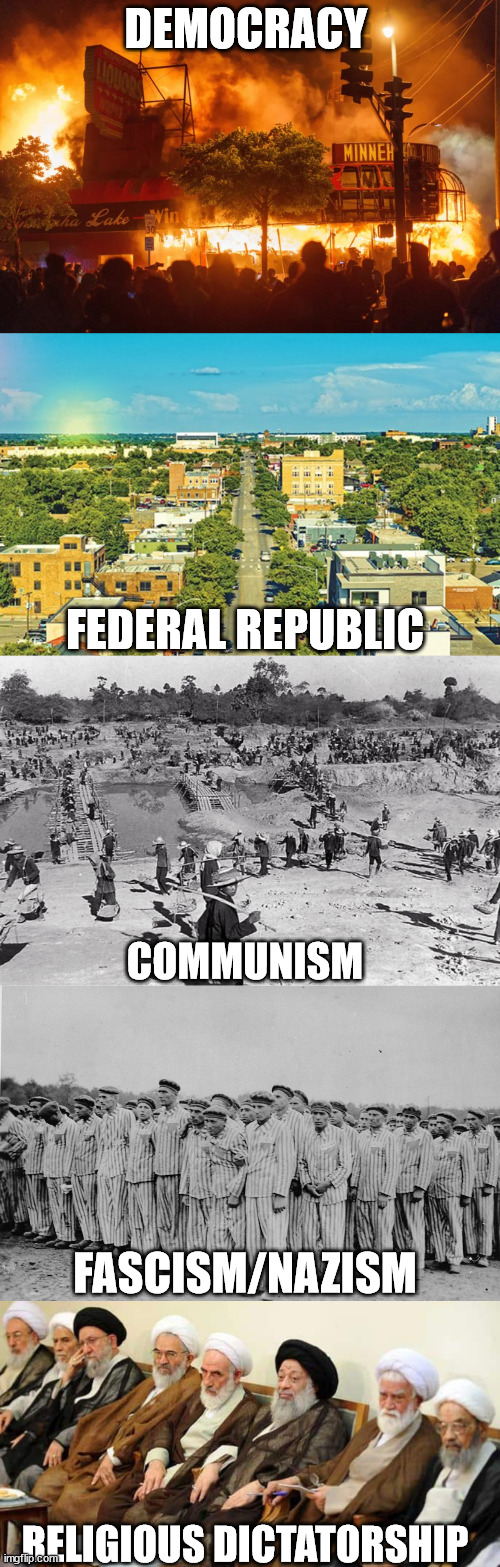 Systems of Government. | DEMOCRACY; FEDERAL REPUBLIC; COMMUNISM; FASCISM/NAZISM; RELIGIOUS DICTATORSHIP | image tagged in communism,democracy,nazism,republic | made w/ Imgflip meme maker