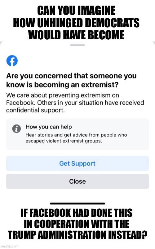 Fascism has a new name and it begins with the letter D | CAN YOU IMAGINE 
HOW UNHINGED DEMOCRATS 
WOULD HAVE BECOME; IF FACEBOOK HAD DONE THIS 
IN COOPERATION WITH THE 
TRUMP ADMINISTRATION INSTEAD? | image tagged in facebook extremist | made w/ Imgflip meme maker