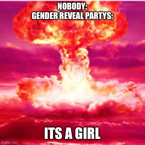 Gender reveal partys be like |  NOBODY:
GENDER REVEAL PARTYS:; ITS A GIRL | image tagged in gender reveal,dark humor,memes | made w/ Imgflip meme maker