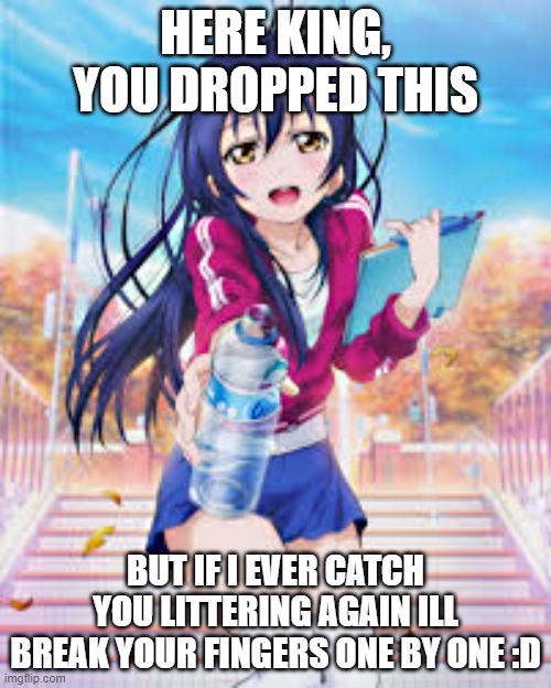 littering | HERE KING, YOU DROPPED THIS; BUT IF I EVER CATCH YOU LITTERING AGAIN ILL BREAK YOUR FINGERS ONE BY ONE :D | image tagged in meme | made w/ Imgflip meme maker
