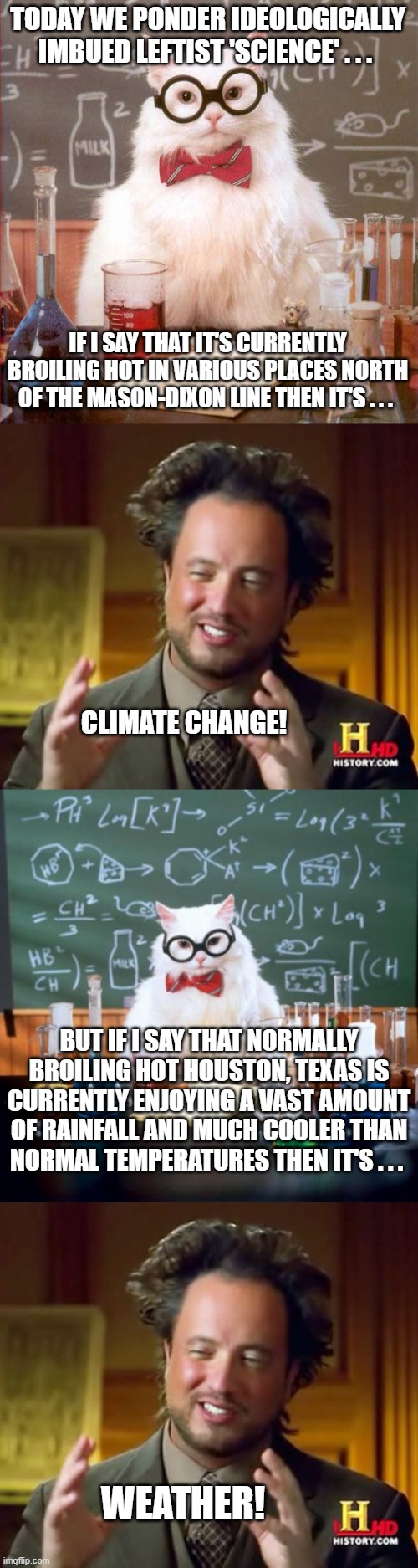 Leftist 'science' is relative in nature to their ideological messaging. | TODAY WE PONDER IDEOLOGICALLY IMBUED LEFTIST 'SCIENCE' . . . IF I SAY THAT IT'S CURRENTLY BROILING HOT IN VARIOUS PLACES NORTH OF THE MASON-DIXON LINE THEN IT'S . . . CLIMATE CHANGE! BUT IF I SAY THAT NORMALLY BROILING HOT HOUSTON, TEXAS IS CURRENTLY ENJOYING A VAST AMOUNT OF RAINFALL AND MUCH COOLER THAN NORMAL TEMPERATURES THEN IT'S . . . WEATHER! | image tagged in science cat,leftist messaging,climate change,weather | made w/ Imgflip meme maker