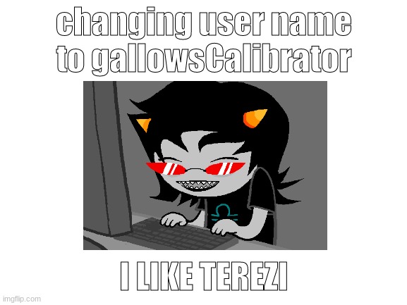 changing user name to gallowsCalibrator; I LIKE TEREZI | image tagged in homestuck | made w/ Imgflip meme maker