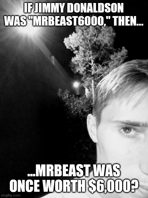 Stephen M. Green Looking Into Space Due To MrBeast | IF JIMMY DONALDSON WAS "MRBEAST6000," THEN... ...MRBEAST WAS ONCE WORTH $6,000? | image tagged in stephen m green looking into space due to x,stephenmgreen,youtubers,actors,artists,2020 | made w/ Imgflip meme maker