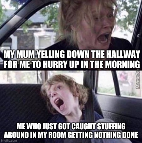 this has happened to everyone at some point in their lives | MY MUM YELLING DOWN THE HALLWAY FOR ME TO HURRY UP IN THE MORNING; ME WHO JUST GOT CAUGHT STUFFING AROUND IN MY ROOM GETTING NOTHING DONE | image tagged in why cant you be normal | made w/ Imgflip meme maker