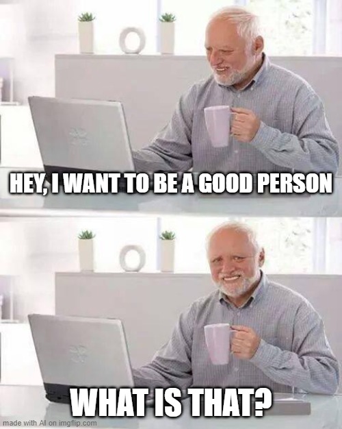 what is a... "good person"? | HEY, I WANT TO BE A GOOD PERSON; WHAT IS THAT? | image tagged in memes,hide the pain harold,ai meme | made w/ Imgflip meme maker