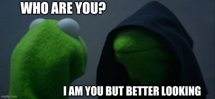 Evil Kermit | WHO ARE YOU? I AM YOU BUT BETTER LOOKING | image tagged in memes,evil kermit | made w/ Imgflip meme maker