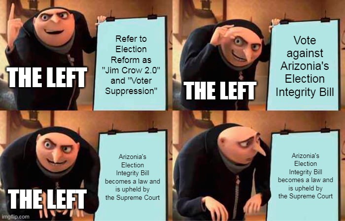 Gru's Plan Meme | Refer to Election Reform as "Jim Crow 2.0" and "Voter Suppression"; Vote against Arizonia's Election Integrity Bill; THE LEFT; THE LEFT; Arizonia's Election Integrity Bill becomes a law and is upheld by the Supreme Court; Arizonia's Election Integrity Bill becomes a law and is upheld by the Supreme Court; THE LEFT | image tagged in memes,gru's plan | made w/ Imgflip meme maker