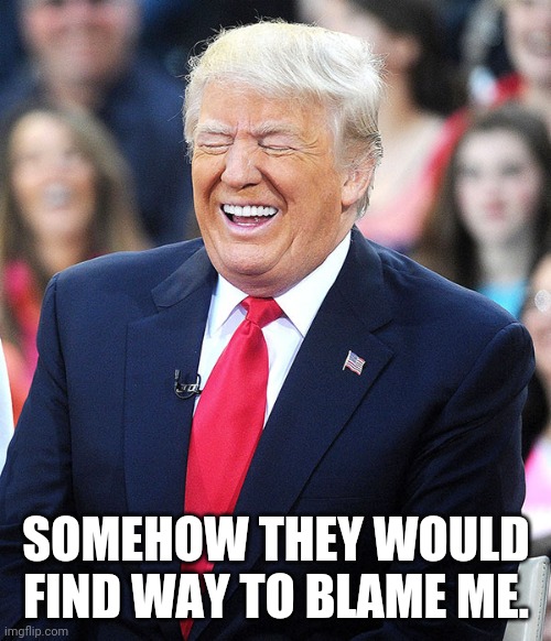 trump laughing | SOMEHOW THEY WOULD FIND WAY TO BLAME ME. | image tagged in trump laughing | made w/ Imgflip meme maker