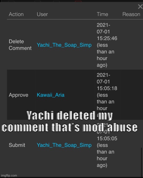 Yachi deleted my comment that’s mod abuse | made w/ Imgflip meme maker