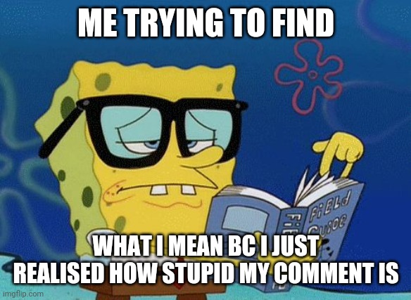 Spongebob Book | ME TRYING TO FIND WHAT I MEAN BC I JUST REALISED HOW STUPID MY COMMENT IS | image tagged in spongebob book | made w/ Imgflip meme maker