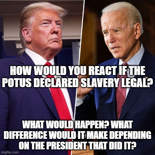 Would there be people taking him up on that? Protests? Would people be defending the prez at that point? | HOW WOULD YOU REACT IF THE POTUS DECLARED SLAVERY LEGAL? WHAT WOULD HAPPEN? WHAT DIFFERENCE WOULD IT MAKE DEPENDING ON THE PRESIDENT THAT DID IT? | image tagged in trump biden,slavery,threat to our national secuirty | made w/ Imgflip meme maker