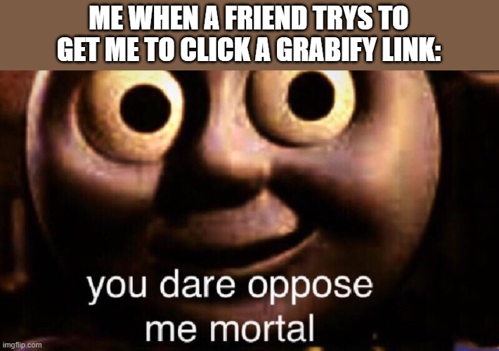 You dare oppose me mortal | ME WHEN A FRIEND TRYS TO GET ME TO CLICK A GRABIFY LINK: | image tagged in you dare oppose me mortal | made w/ Imgflip meme maker