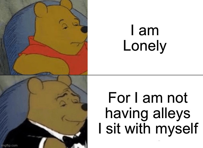 ⸮ʘ ͜ʖʘ? | I am Lonely; For I am not having alleys I sit with myself | image tagged in memes,tuxedo winnie the pooh | made w/ Imgflip meme maker