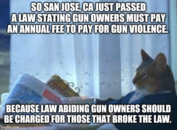 And if they dont pay, they will have their firearms taken away. seems logical. | SO SAN JOSE, CA JUST PASSED A LAW STATING GUN OWNERS MUST PAY AN ANNUAL FEE TO PAY FOR GUN VIOLENCE. BECAUSE LAW ABIDING GUN OWNERS SHOULD BE CHARGED FOR THOSE THAT BROKE THE LAW. | image tagged in cat newspaper | made w/ Imgflip meme maker