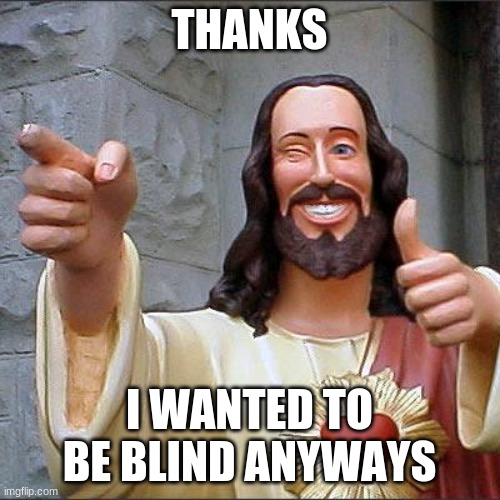 Buddy Christ Meme | THANKS I WANTED TO BE BLIND ANYWAYS | image tagged in memes,buddy christ | made w/ Imgflip meme maker