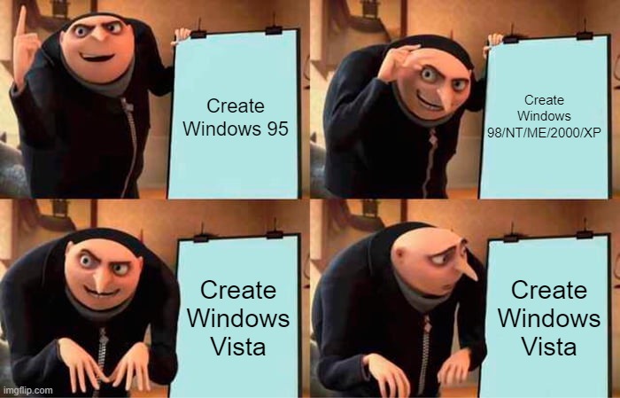 Yeah, it sucked. |  Create Windows 98/NT/ME/2000/XP; Create Windows 95; Create Windows Vista; Create Windows Vista | image tagged in memes,gru's plan,windows xp,windows 95,computer guy facepalm,computer nerd | made w/ Imgflip meme maker