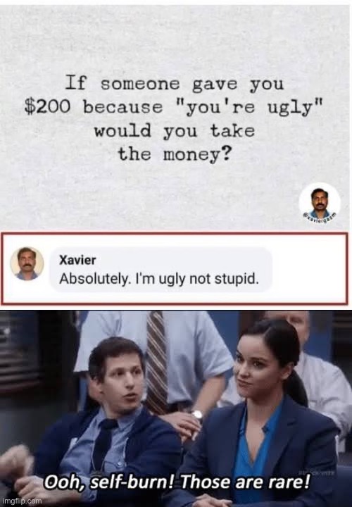 Xavier strikes again | image tagged in xavier i m ugly not stupid,ooh self-burn those are rare,xavier | made w/ Imgflip meme maker