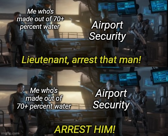 Lieutenant arrest that man two panels | Me who's made out of 70+ percent water; Airport Security; Me who's made out of 70+ percent water; Airport Security | image tagged in lieutenant arrest that man two panels | made w/ Imgflip meme maker
