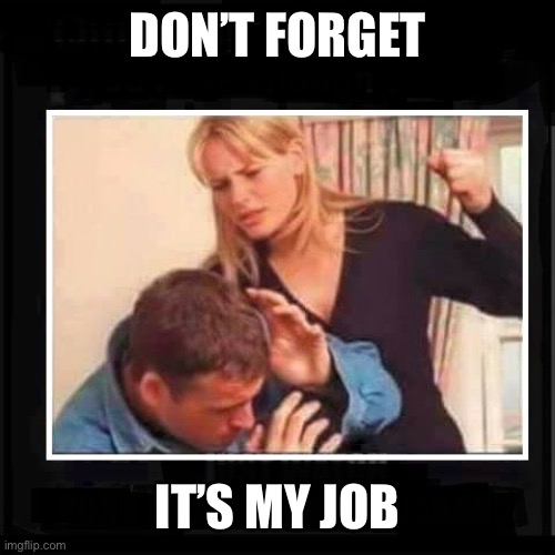 Angry Wife | DON’T FORGET; IT’S MY JOB | image tagged in angry wife | made w/ Imgflip meme maker