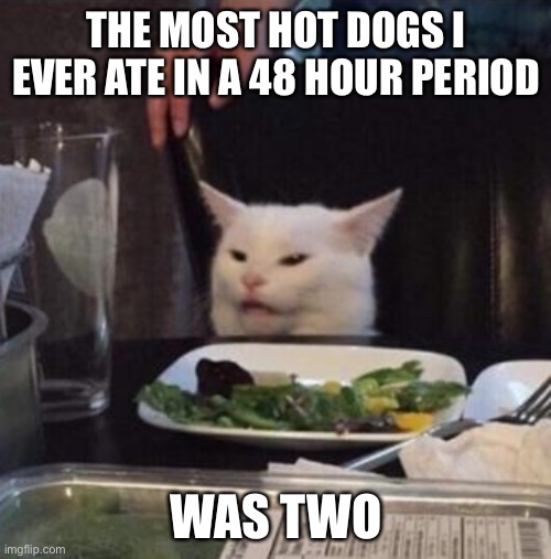 Annoyed White Cat | THE MOST HOT DOGS I EVER ATE IN A 48 HOUR PERIOD WAS TWO | image tagged in annoyed white cat | made w/ Imgflip meme maker