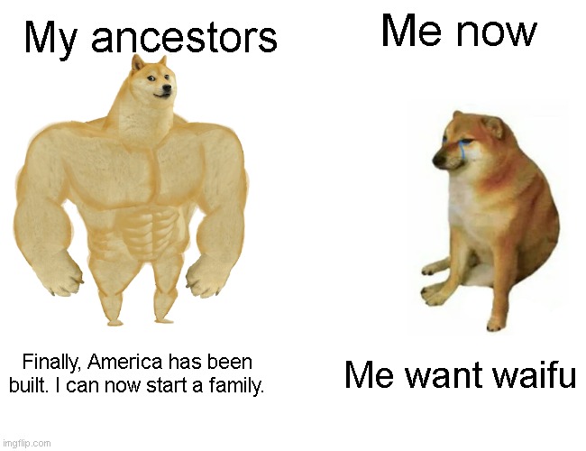 Buff Doge vs. Cheems |  Me now; My ancestors; Finally, America has been built. I can now start a family. Me want waifu | image tagged in memes,buff doge vs cheems | made w/ Imgflip meme maker