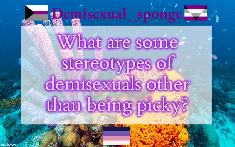 I haven't heard anything else | What are some stereotypes of demisexuals other than being picky? | image tagged in demisexual_sponge's template 3,demisexual_sponge | made w/ Imgflip meme maker