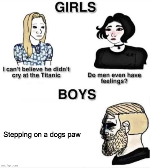 dog version of dmehf meme | Stepping on a dogs paw | image tagged in do men even have feelings | made w/ Imgflip meme maker
