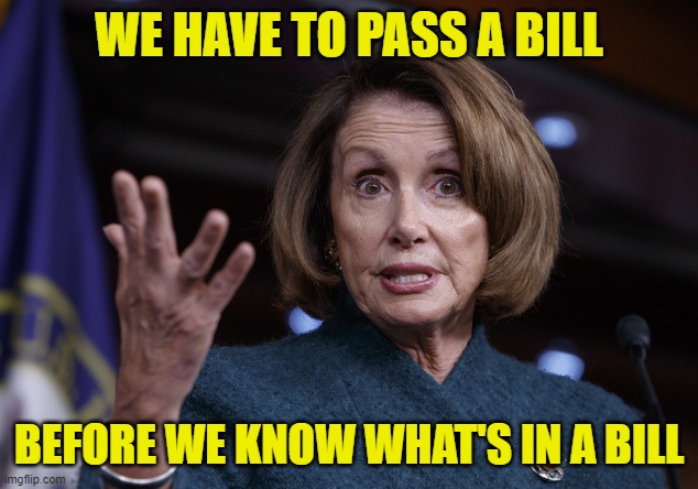 Good old Nancy Pelosi | WE HAVE TO PASS A BILL BEFORE WE KNOW WHAT'S IN A BILL | image tagged in good old nancy pelosi | made w/ Imgflip meme maker