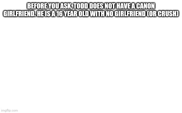 Don't ship Todd, please. | BEFORE YOU ASK, TODD DOES NOT HAVE A CANON GIRLFRIEND. HE IS A 16 YEAR OLD WITH NO GIRLFRIEND (OR CRUSH) | image tagged in white screen | made w/ Imgflip meme maker