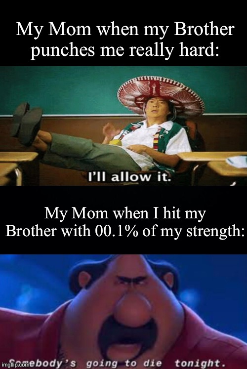 Black background | My Mom when my Brother punches me really hard:; My Mom when I hit my Brother with 00.1% of my strength: | image tagged in black background | made w/ Imgflip meme maker