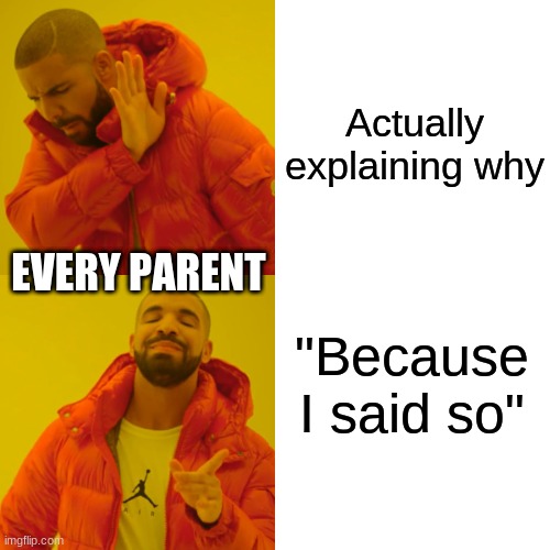 Drake Hotline Bling | Actually explaining why; EVERY PARENT; "Because I said so" | image tagged in memes,drake hotline bling | made w/ Imgflip meme maker