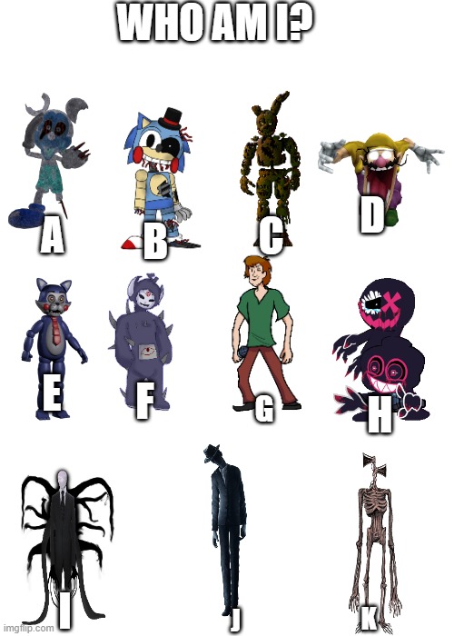 WHO AM I? A; D; C; B; E; F; H; G; I; J; K | image tagged in memes,blank transparent square | made w/ Imgflip meme maker