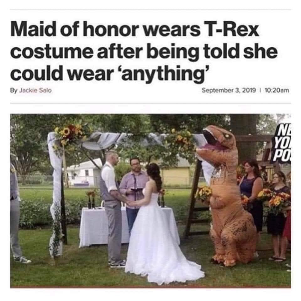 High Quality Maid of honor wears t-Rex costume Blank Meme Template