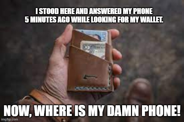 Losing stuff |  I STOOD HERE AND ANSWERED MY PHONE 5 MINUTES AGO WHILE LOOKING FOR MY WALLET. NOW, WHERE IS MY DAMN PHONE! | image tagged in lost phone | made w/ Imgflip meme maker