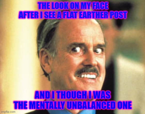 flat earth insanity | THE LOOK ON MY FACE AFTER I SEE A FLAT EARTHER POST; AND I THOUGH I WAS THE MENTALLY UNBALANCED ONE | image tagged in john cleese rat race,flat earth,funny | made w/ Imgflip meme maker