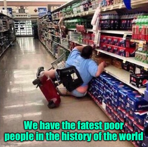 Fat Person Falling Over | We have the fatest poor people in the history of the world | image tagged in fat person falling over | made w/ Imgflip meme maker